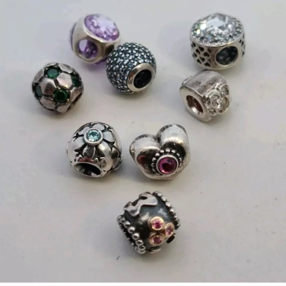 Lot of 8 Sterling Silver PANDORA Charms Beads All Different Designs with Gems